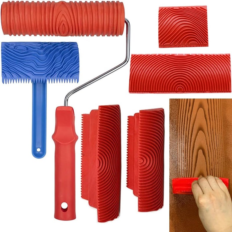 XDONEF Wood Graining Tool Set, 6pcs 7" Fake Wood Grain Roller Painting Tool with Handle DIY Rubber Graining Tool Paint Look Like Wood for Wall Room Art Paint Decoration - Image 1